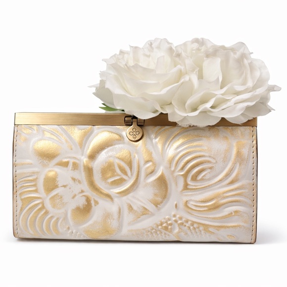 Patricia Nash Cauchy Frame WalletHand-Tooled Floral LeatherWhite & Gold